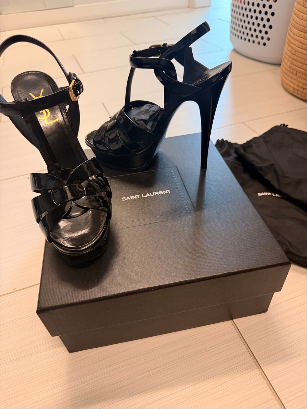 Saint Laurent Black Patent Leather Platform T-Strap Stilettos